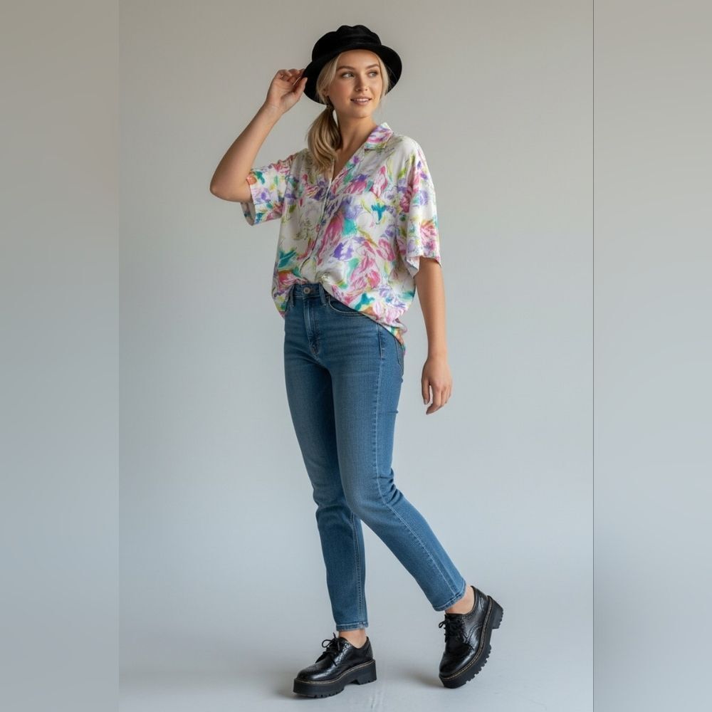 Louben Vintage Colorful Abstract Pattern Short Sleeve Button Down Blouse